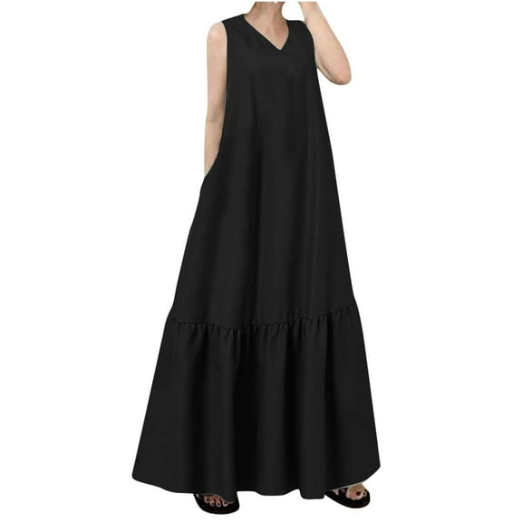 Bigersell Going out Dresses for Women Fashion Casual Summer Pocket Sleeveless Lace Print V-Neck Dress Regular Maxi Dress Style 29959, Female Regular Dresses Black L