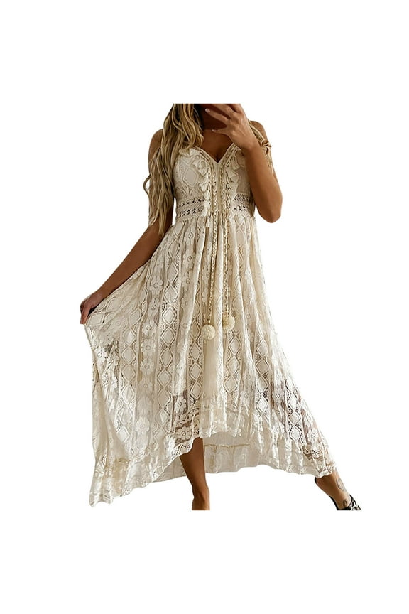 Going out Dresses Women's Fashion V-Neck Sleeveless Hollow Out Tassel Lace Solid Ankle-Length Dresses Big & Tall Mini Dress Style 41840, Female Mini Short Dresses Beige XL