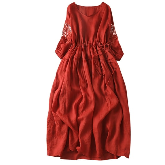Bigersell Gowns and Evening Dresses Summer Female V-Neck 3/4 Sleeve Midi Casual Dress Style D-157 Ladies Dresses Regular Summer Dresses , Red XL