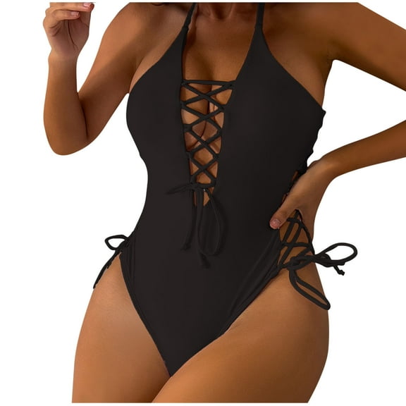 Bigersell High Cut One-Piece Swimsuits Women Lace up V-Neck Bathing Suits Backless Soft Padded Bras Cut Out Monokini Swimwear for Summer Beach Vacations Black S