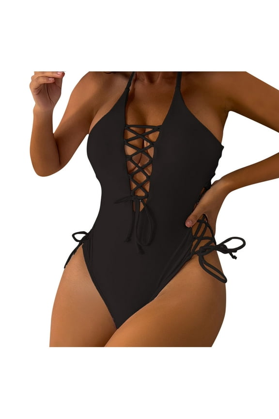 High Cut One-Piece Swimsuits Women Lace up V-Neck Bathing Suits Backless Soft Padded Bras Cut Out Monokini Swimwear for Summer Beach Vacations Black S