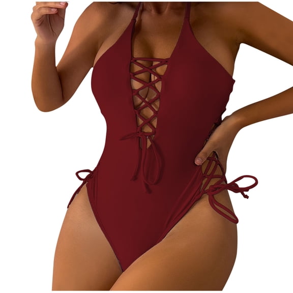 Bigersell High Cut One-Piece Swimsuits Women Lace up V-Neck Bathing Suits Backless Soft Padded Bras Cut Out Monokini Swimwear for Summer Beach Vacations Wine S