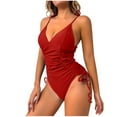 thumbnail image 1 of Bigersell High Cut One-Piece Swimsuits Women Ruched Side Tie Spaghetti Straps V-Neck Bathing Suit Padded Soft Bras Monokini Swimwear for Summer Vacations Red S, 1 of 5