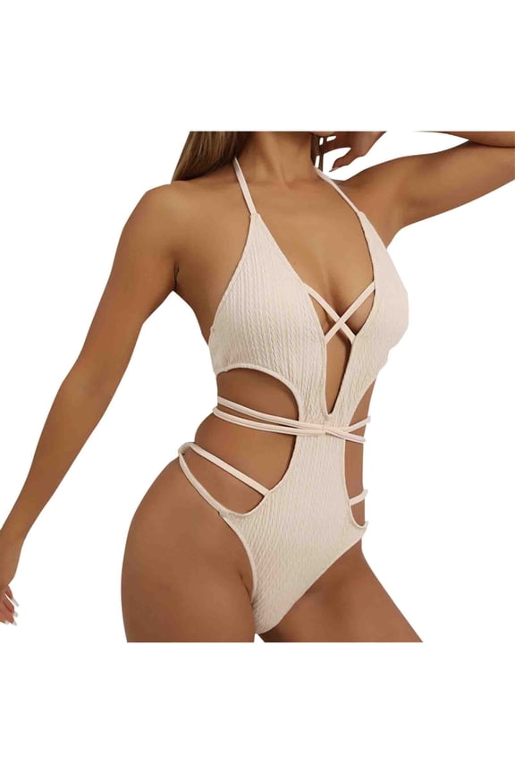 High Cut One-Piece Swimsuits for Women Cut Out V-Neck Bathing Suit Back Lace up Monokini Swimwear White M