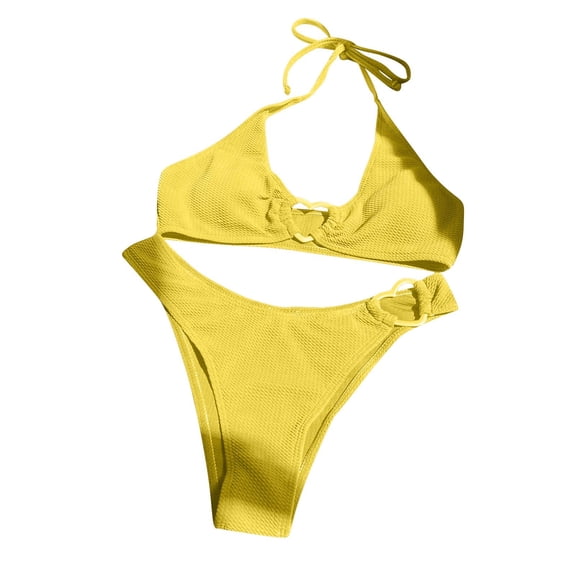 Bigersell High Cut Swimsuits Women Trendy Heart Ring Linked Two Piece Swimsuits Backless Halter Bikini Sets 2 Piece Bathing Suits Vacation Swimwear Yellow M