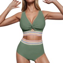 Bigersell High Waisted Bathing Suits for Women Trendy Front Ruched Cut Out Two Piece Swimsuits V-Neck Crop Tops Bikini Sets Vacation Beach Swimwear Green-1 L