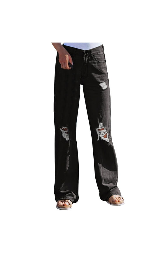 High Waisted Black Jeans for Women Straight Jeans Sale Bell Bottom Jeans Slim Straight Denim Pants Distressed Female Ripped Jeans Fitted High Waist Full Length Pants Style J-163 Black XXL