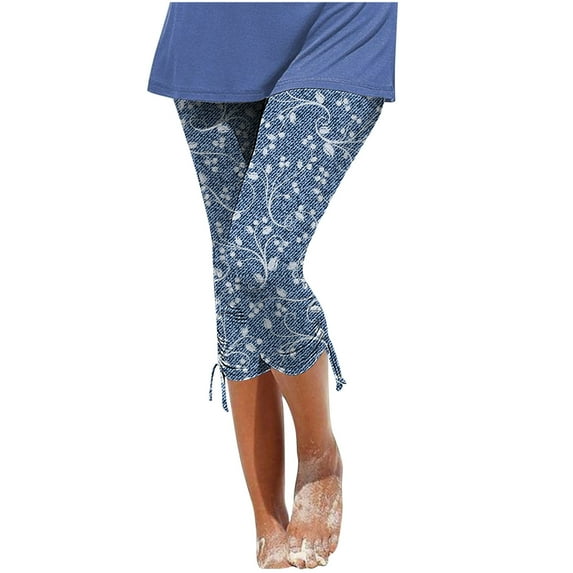 Bigersell High Waisted Capris Leggings for Women Summer Boho Floral Print Elastic Waist Pull on Pants Side Drawstring Cropped Sweatpants Lightweight Hiking Pants Comfy Lounge Pants