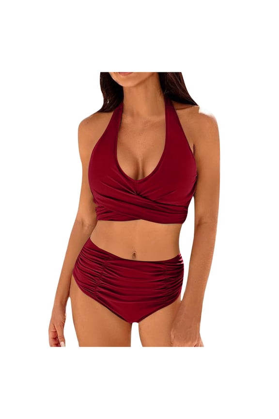 High Waisted Swimsuits Clearance - Women Ruched 2 Piece Bathing Suit - Trendy Front Wrap Cute Halter Swimsuits Tie Back Bikini Sets Vacation Swimwear Wine M