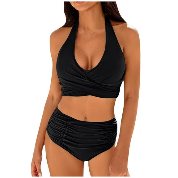 Bigersell High Waisted Swimsuits Clearance - Women Ruched 2 Piece Bathing Suit - Trendy Front Wrap Cute Halter Swimsuits Tie Back Bikini Sets Vacation Swimwear Black M