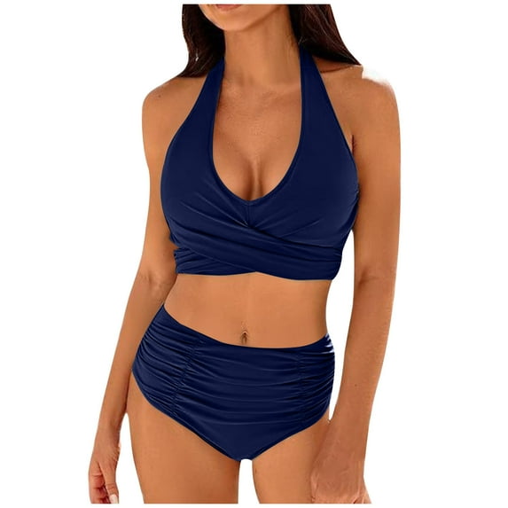 Bigersell High Waisted Swimsuits Clearance - Women Ruched 2 Piece Bathing Suit - Trendy Front Wrap Cute Halter Swimsuits Tie Back Bikini Sets Vacation Swimwear Navy XXL