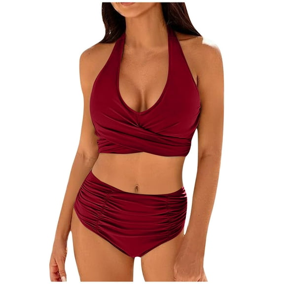 Bigersell High Waisted Swimsuits Clearance - Women Ruched 2 Piece Bathing Suit - Trendy Front Wrap Cute Halter Swimsuits Tie Back Bikini Sets Vacation Swimwear Wine M