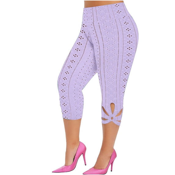 Bigersell Jogger Capris for Women Fashion Women Plus Size Solid Hollow Elastic Waist Casual Leggings Capris Pants Purple l