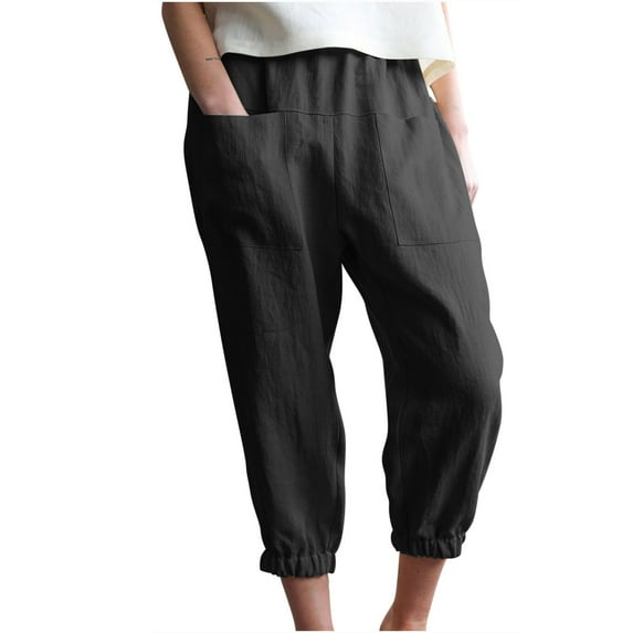 Bigersell Khaki Capris for Women Women's New Casual Loose Pocket Cotton Linen Casual Pants Solid Color Pants Home Seven Pants Black l