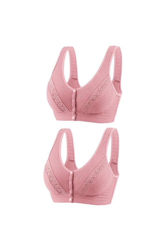 Lace Bra and Panty Set 2pc Front Snap Closure V-Neck Wire-Free Bra Support Women Push up Bras Padded Bra Style R-127 Basic Bra Strap Nylon Seamless Bra Feature Everyday Bras Underwear Pink S