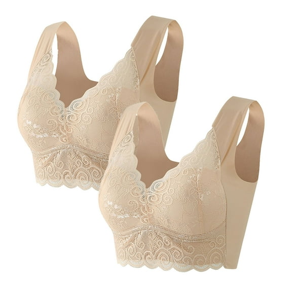 Bigersell Lace Bralettes for Women Discouts 2pc Fashion Woman's Lace Back-Smoothing Solid Strap Wrap Plus Size Bra Underwear Lightly Lined Bra Style F-979 Khaki 3XL