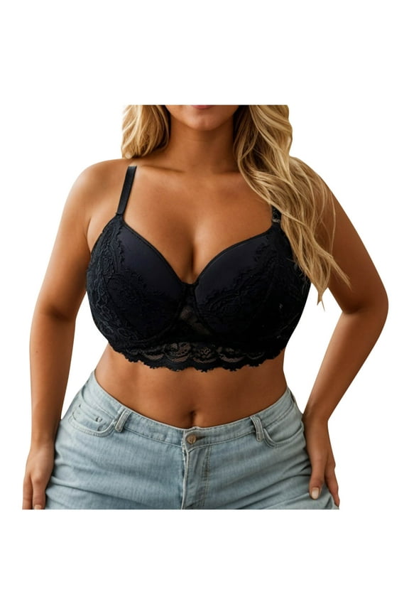Lace Bras for Big Breasted Women - Plus Size Wireless Bra - Ladies Push-up Bra No Underwire Soft V-Neck Comfort T-Shirt Bras Black 95D
