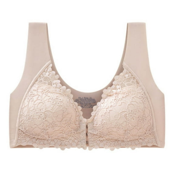 Bigersell Lace Bras for Plus Size Women Front Closure Wireless Bras Back-Smoothing Comfort Strap V-Neck Push up Padded Bralette Beige 4XL