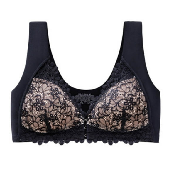 Bigersell Lace Bras for Plus Size Women Front Closure Wireless Bras Back-Smoothing Comfort Strap V-Neck Push up Padded Bralette Black L