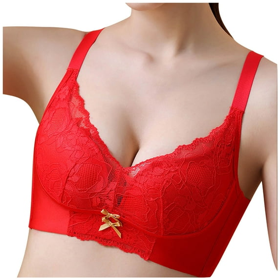 Bigersell Lace Push up Bras for Women Full-Coverage Wireless Bra Ladies Padded Brassiere No Underwire Back Hook and Eye Closure Everyday Bras Underwear Wire-Free Bralette Red L