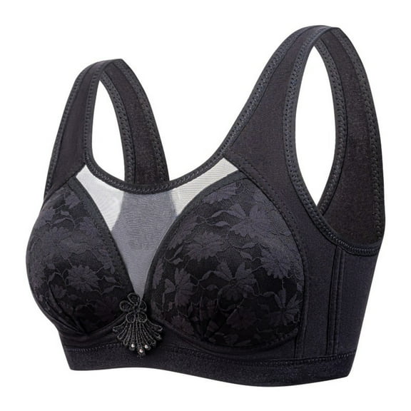 Bigersell Lace Wireless Bra Women Mesh Front Full-Coverage Wirefree Bra Comfort Bra for Everyday Wear Comfort Lightly Lined Padded Push-up Bras no Underwire V-Neck Bra Black L