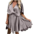 thumbnail image 1 of Bigersell Ladies New Summer Dresses Women's Summer Fashion Solid Short Sleeve V-neck Pullover Dress Boho Wedding Dress Women's Plus Cocktail Dresses, Style 3238, Khaki S, 1 of 7