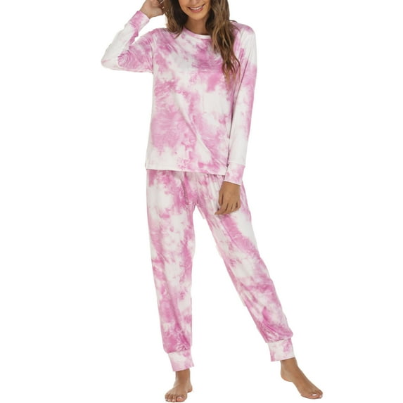 Bigersell Ladies Pajamas, Womens Tie-Dyed Print Pajama Set with Button up Tops and Joggers Pants Sets Long Sleeve Crew Neck Sweatshirt Long Pants Women Two Piece Pjs Sets Sleepwear Pink L