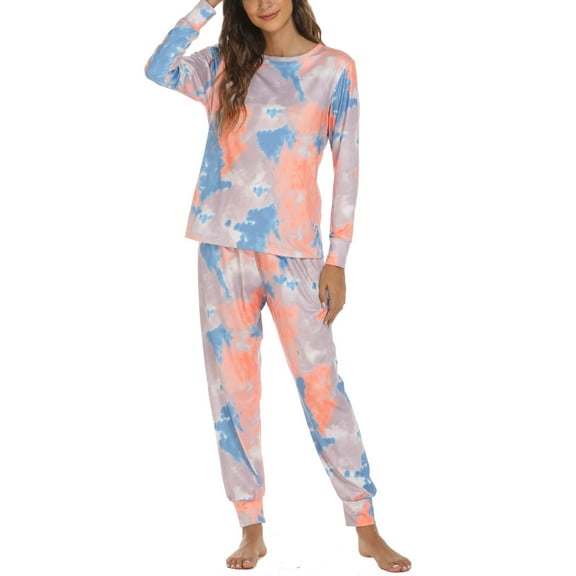 Bigersell Ladies Pajamas, Womens Tie-Dyed Print Pajama Set with Button up Tops and Joggers Pants Sets Long Sleeve Crew Neck Sweatshirt Long Pants Women Two Piece Pjs Sets Sleepwear Orange XL