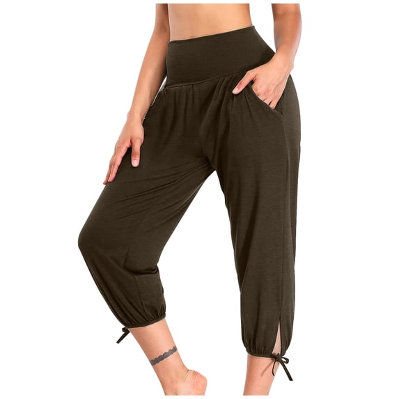 Bigersell Ladies Pull on Capris Womens Yoga Pants Loose Workout Sweatpants Comfy Joggers with Pockets Brown xxl