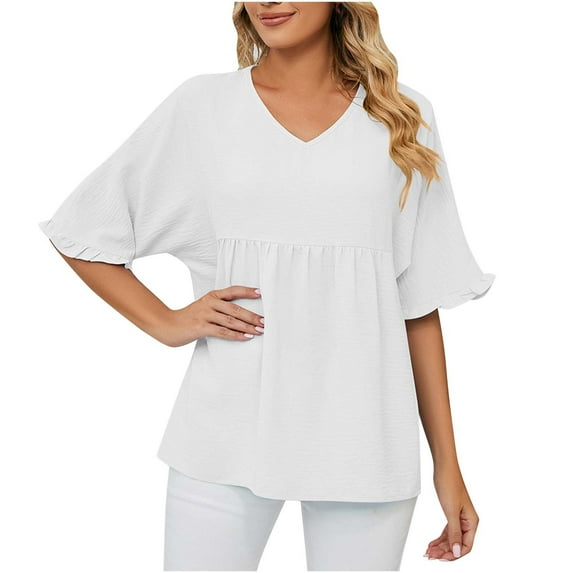 Bigersell Ladies T Shirts Women's Fashion Casual Short Sleeve Buttons Comfortable Solid Color Tops Blouse Regular Tunic Scoop Neck Short Sleeve Tunic Tops Style B29115, White S