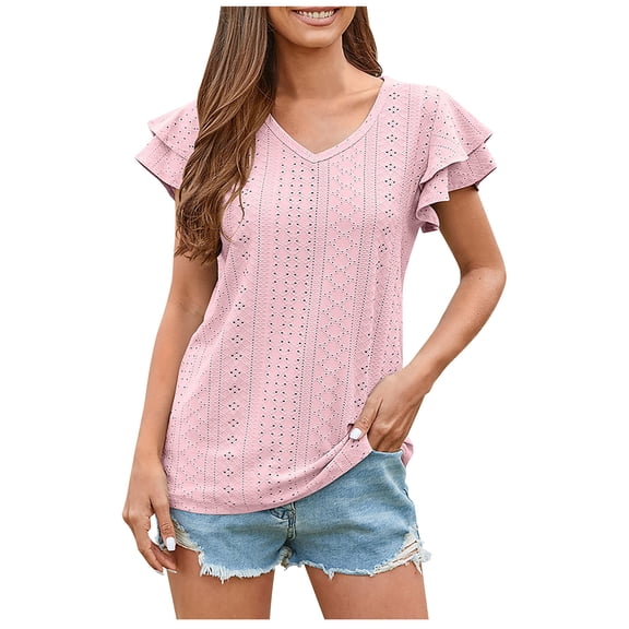 Bigersell Ladies Tops and Blouses Fashion Women's Summer V-Neck Solid Short Sleeve Tops Blouse Women's Plus Ruffles Square Neck Short Sleeve Cute Summer Tops Style B29224,XL