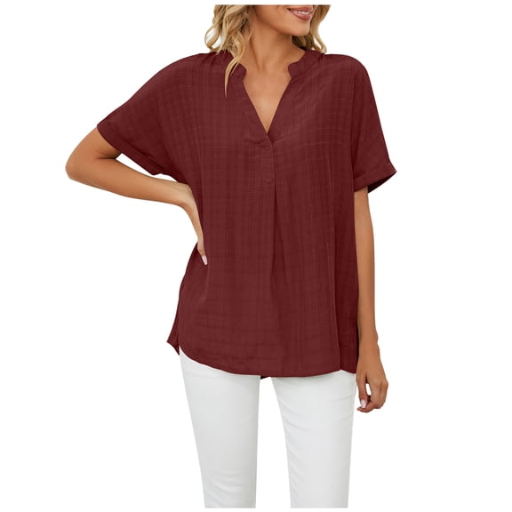 Bigersell Ladies Tunic Tops Women's Fashion Short Sleeve Retro Round Neck Graphic Solid Color Loose Tops Blouse Sleeve Women Peplum Round Neck Short Sleeve Tops Style B25813, Wine XL
