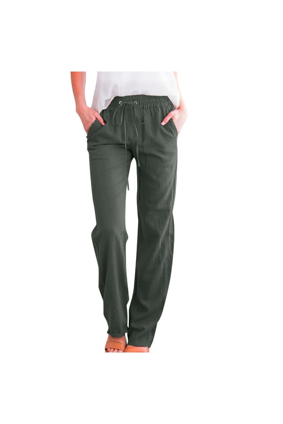 Linen Pants for Women Wide Leg Linen Pants Drawstring Elastic Waist Loose Fit Long Lounge Pants Trousers with Pockets Dressy Casual Straight Leg Summer Pants for Travel Beach Comfy Pants