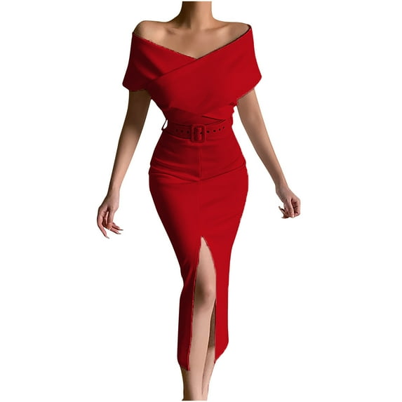 Bigersell Long Dresses for Women formal Women Short Sleeve Summer Bandage Solid Color Backless Strapless Party Long Maxi Dress a Line Dresses Female Women's Plus Faux-Wrap Dresses, Style 21592, Red L