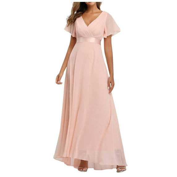Bigersell Maxi Dress for Women Beach Vacation Summer Female V-Neck Short Sleeve Maxi Evening Gown Dress Style D-35 Valentine Dress Ladies Regular Summer Dresses , Pink XXL