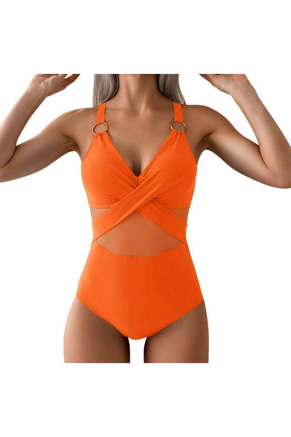 Mesh One-Piece Swimsuit Women Wrap Front Bathing Suit V-Neck Monokini for Summer Swimming Pool Beach Vacations 1 Piece Swimsuits Orange L