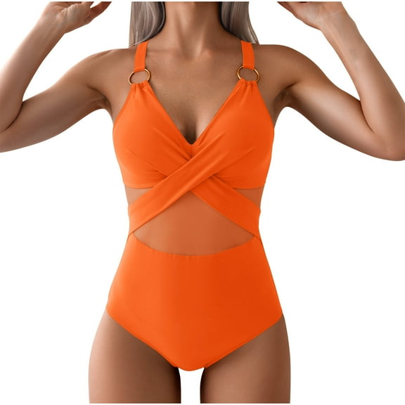 Bigersell Mesh One-Piece Swimsuit Women Wrap Front Bathing Suit V-Neck Monokini for Summer Swimming Pool Beach Vacations 1 Piece Swimsuits Orange M