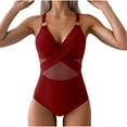 thumbnail image 1 of Bigersell Mesh One-Piece Swimsuit Women Wrap Front Bathing Suit V-Neck Monokini for Summer Swimming Pool Beach Vacations 1 Piece Swimsuits Wine S, 1 of 5