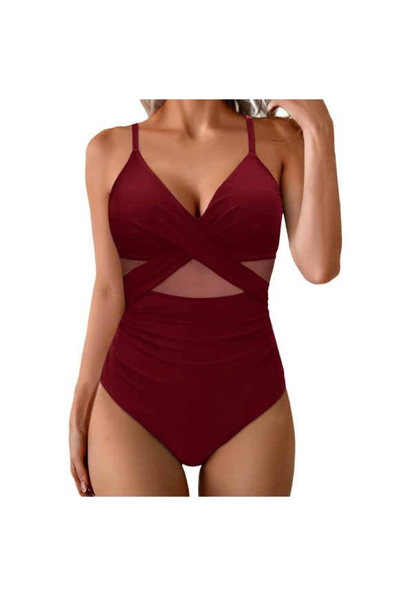 Mesh One-Piece Swimsuits for Women V-Neck Swimwear Wrap Ruched Front Tummy Concealing Mesh 1 Piece Bathing Suit for Beach Vacation Bikini Swimming, Style SW-32, Wine, L