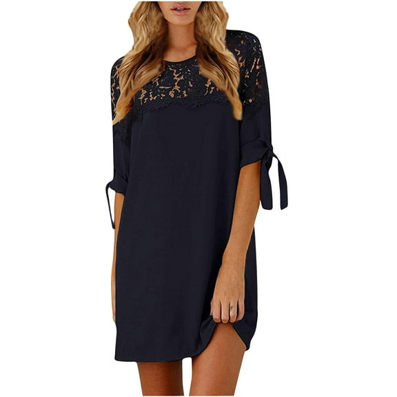 Bigersell Midi Dresses for Women Summer Fashion Casual Round Neck Short Sleeve Bandage Solid Lace Patchwork Loose Dress Summer Dresses Female 2023 Women Fit & Flare Dresses, Style 15519, Black S