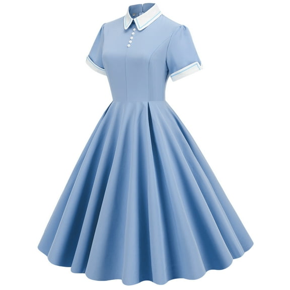 Bigersell Mini Dress Woman Fashion Solid Contrast High Neck Doll Collar Lapel Mid Length Dress Big & Tall Cocktail Dress Style 4970, Female High Low Dresses Light Blue M