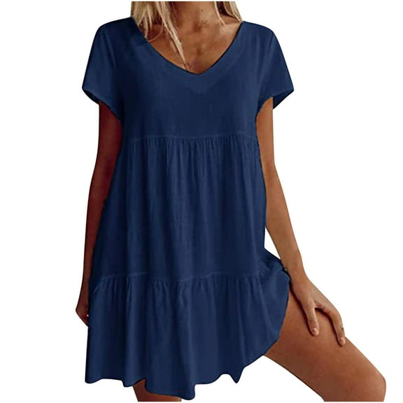 Bigersell Mini Dresses for Women Summer Female V-Neck Short Sleeve Above Knee Sun Dress Dress Style D-143 Ladies Sundresses Regular Summer Dresses , Dark Blue L