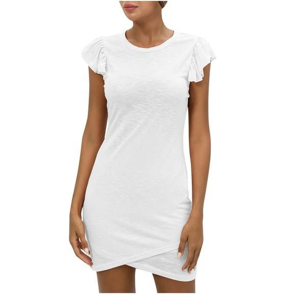 Bigersell Night Out Dresses for Women Ladies Solid Color Round Neck Flying Sleeveless Vest Cross Casual Mini Dress Female Casual Dresses Regular T-Shirt Dresses, Style 37313, White M