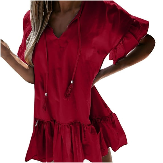 Bigersell Night Out Dresses for Women Solid Color Short Sleeve V-neck Drape Pleated Dress Female Casual Dresses Women's Plus Cocktail Dresses, Style 33298, Red M