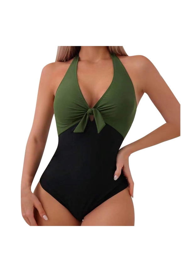 One-Piece Halter Swimsuits for Women Tie Front Keyhole Backless Bathing Suits Trendy 2025 New Color Block 1 Piece Swim Suits Beach Vacations Swimwear, Style SW-8, Green, XL