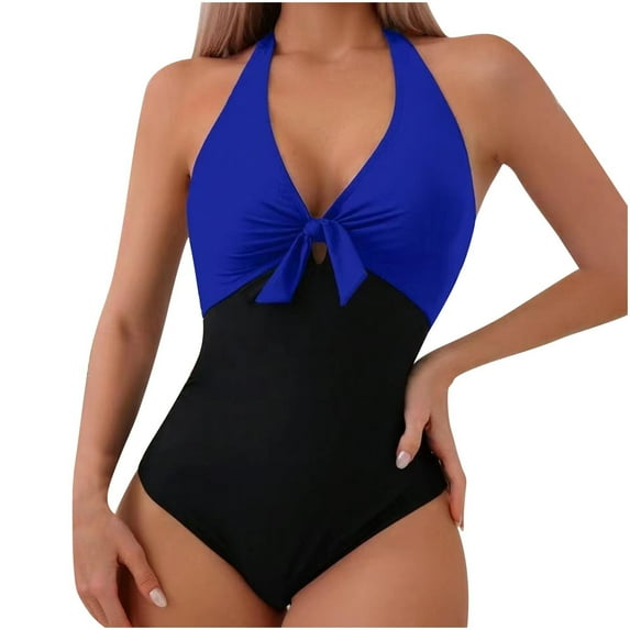 Bigersell One-Piece Halter Swimsuits for Women Tie Front Keyhole Backless Bathing Suits Trendy 2025 New Color Block 1 Piece Swim Suits Beach Vacations Swimwear, Style SW-8, Blue, L