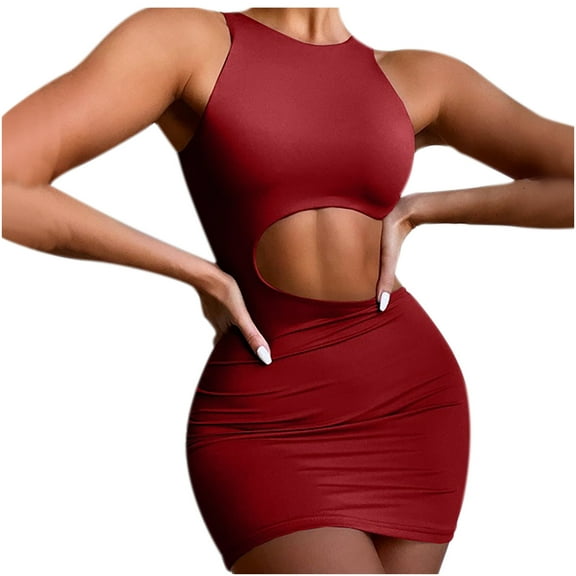 Bigersell One Shoulder Dresses for Women Fashion Casual Soild Round Neck Sheath Sleeveless Midi Club Dress Women's Plus Faux-Wrap Dress Style 8616, Female Mid-Length Dresses Red L