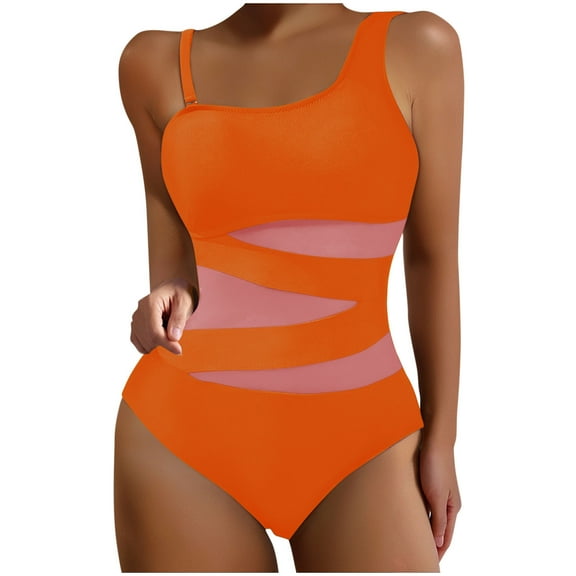 Bigersell One Shoulder One-Piece Swimsuits for Women Mesh Padded Bathing Suits Solid Modest Keyhole Straps Beach Vacation Monokini Swimwear Tummy Concealing 1 Piece Swimsuit, Style SW-46, Orange, M