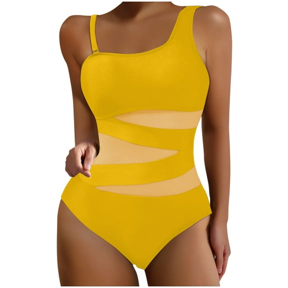 Bigersell One Shoulder One-Piece Swimsuits for Women Mesh Padded Bathing Suits Solid Modest Keyhole Straps Beach Vacation Monokini Swimwear Tummy Concealing 1 Piece Swimsuit, Style SW-46, Yellow, L