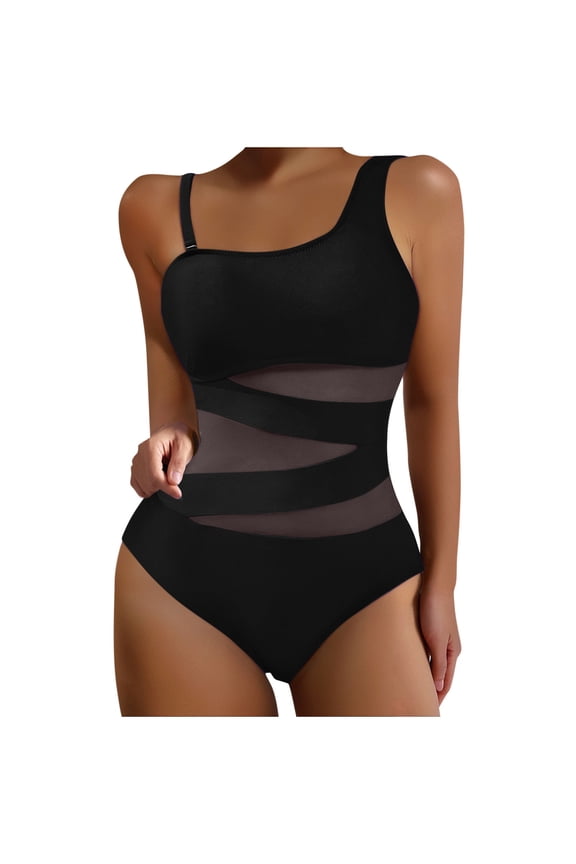 One Shoulder One-Piece Swimsuits for Women Mesh Padded Bathing Suits Solid Modest Keyhole Straps Beach Vacation Monokini Swimwear Tummy Concealing 1 Piece Swimsuit, Style SW-46, Black, S